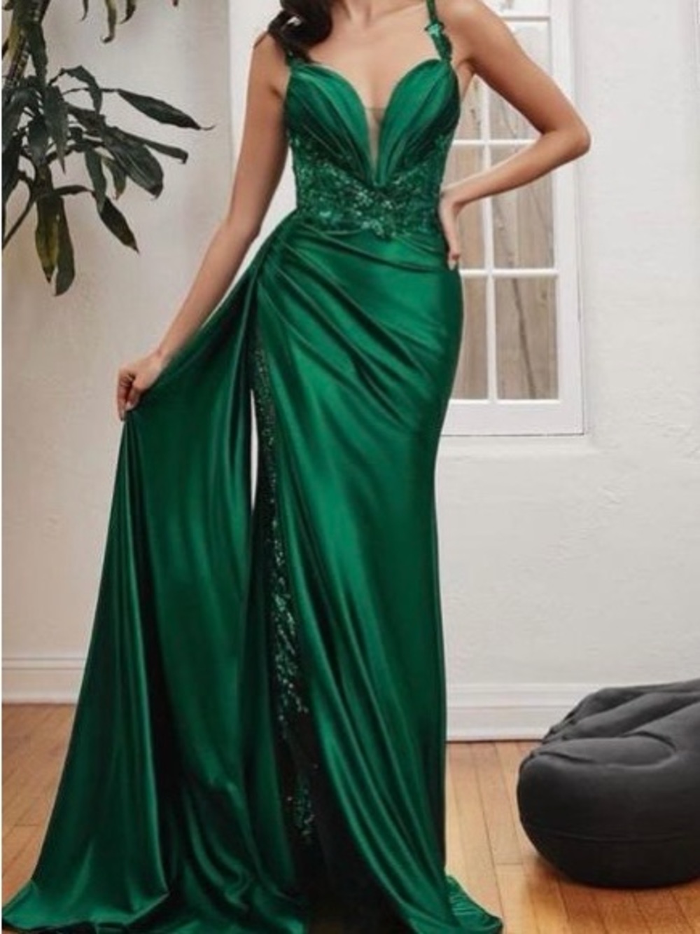 Satin Emerald Green Prom Gown with Sheer Embellished Bodice